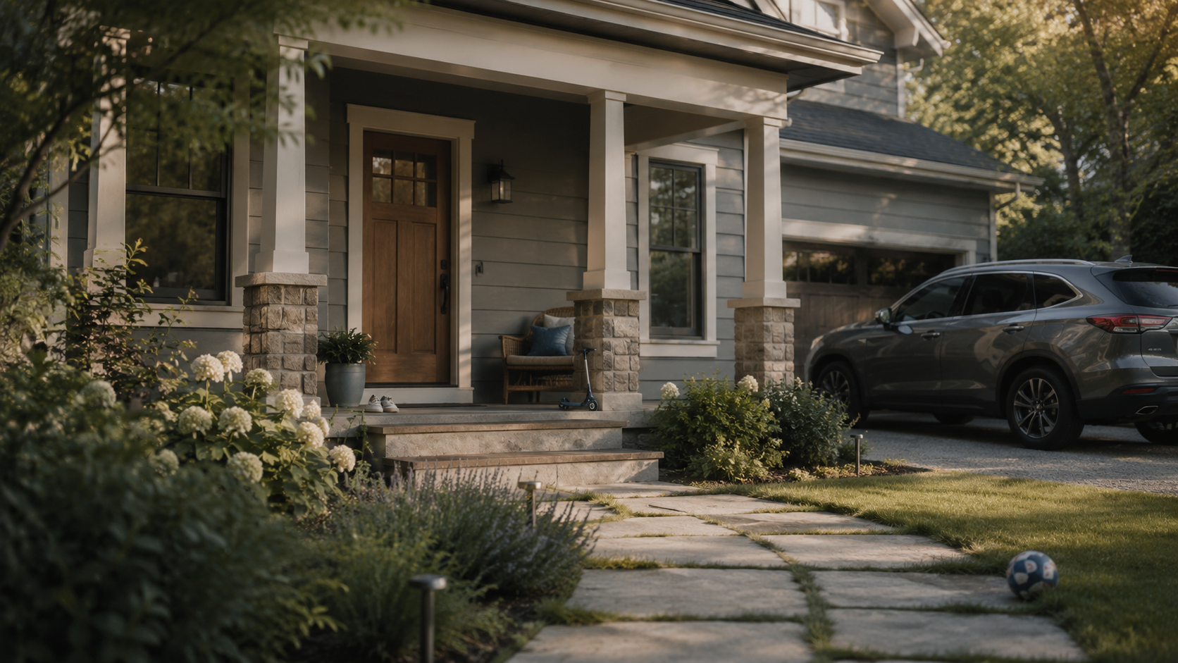 A calm family home with a car parked in the driveway, suggesting the practical property and financial assets a family may need to account for during divorce.